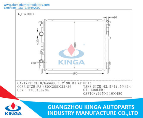 OEM 7700430784 Raidators автомобиля MT 98-01 RENAULT CLIO/KANGOO 1,2 алюминиевый поставщик