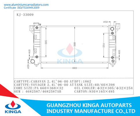 Радиатор автомобиля 4682587/4682587AB OEM для КАРАВАНА 2.4L 1996-2000/VOYAGER 2.4L 1996-2000 поставщик